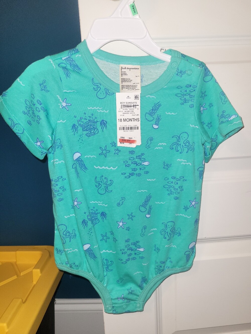 NWT First Impressions Turquoise Underwater Themed Short Sleeve Onesie 18 Months
